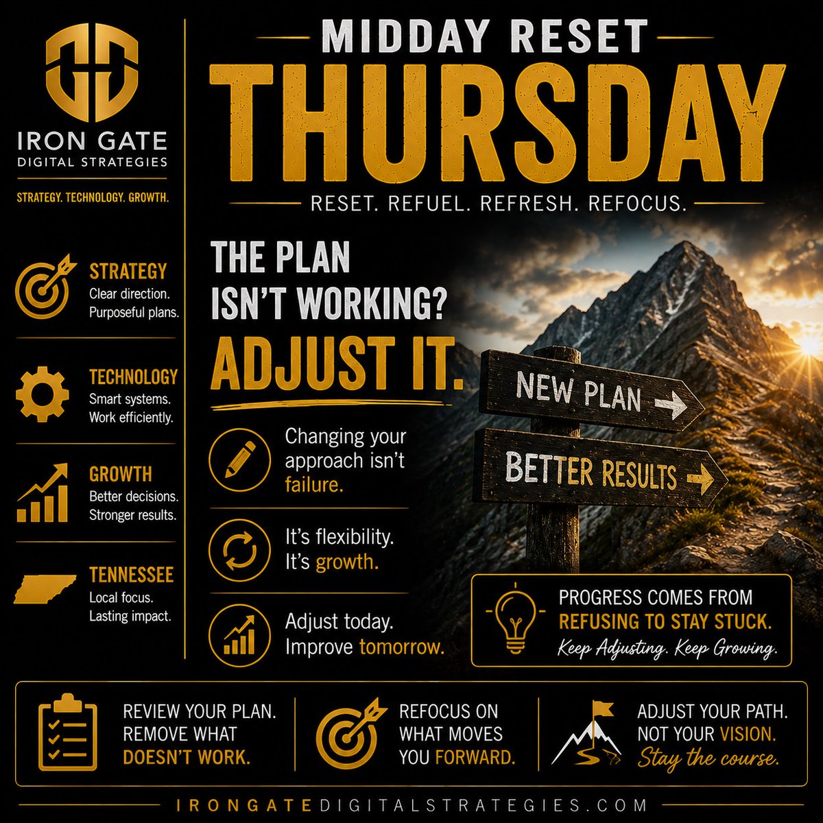 KimberleyMtpnd's tweet photo. MIDDAY RESET | THURSDAY 
The plan isn’t working? Adjust it. Changing your approach isn’t failure—it’s growth. Adjust today. Improve tomorrow. https://t.co/nbkvKFiQE1