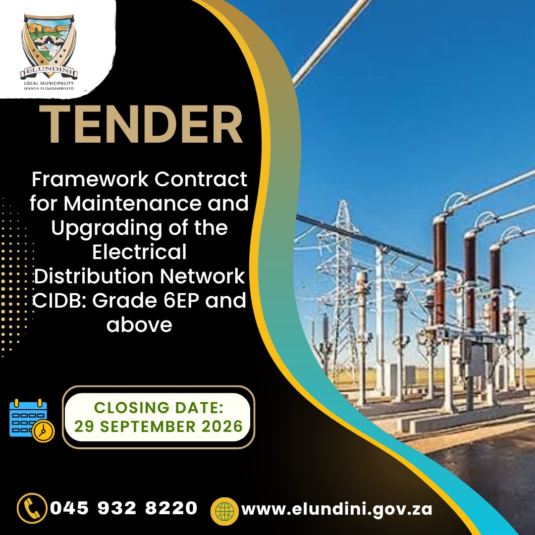 ElundiniLM's tweet photo. Tenders
1. Framework Contract for Maintenance and Upgrading of the Electrical  Distribution Network- Closing Date:29.09.2026
2. Provision of Electrical Vending Services-Closing Date:28.09.2026
3. Supply and Delivery of Protective Clothing- Closing Date: 28.09.2026 https://t.co/VmvnRqlfpR
