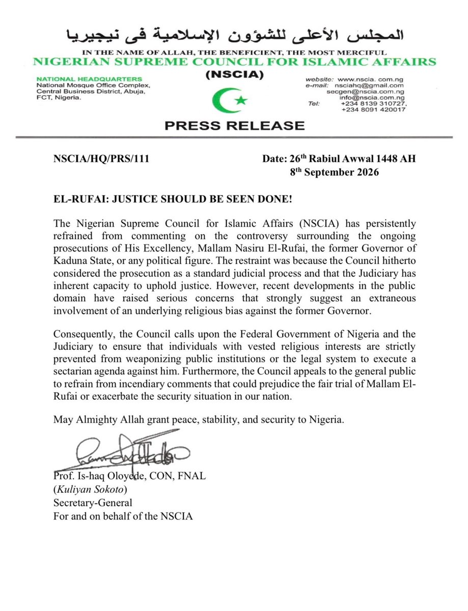 nsciaNG's tweet photo. EL-RUFAI: JUSTICE SHOULD BE SEEN DONE

The NSCIA has persistently refrained from commenting on the controversy surrounding the prosecutions of @elrufai or any political figure. However, recent developments in the public domain have raised serious concerns about religious bias. https://t.co/76RUW2h96t