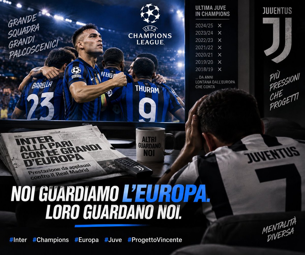 PeriodicoNA's tweet photo. Una prestazione così la #Juve oggi può solo guardarla. 📺

Da anni lontana dai grandi palcoscenici della #Champions, sembra spendere più energie a mettere pressione all’#Inter che a costruire un progetto #vincente.

Noi guardiamo l’#Europa. Loro guardano noi. 🖤💙 https://t.co/q4T4GOO7Rj