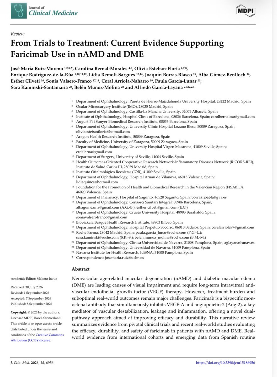 OftalmoMacarena's tweet photo. 🔬 Nueva revisión sobre #Faricimab @Roche en #DMAE neovascular y edema macular diabético: evidencia de ensayos clínicos y práctica clínica real sobre eficacia, durabilidad y seguridad. Con la participación de nuestro #Boss y experto en retina @Enriquedelrua. #MarcaMacarena👀 https://t.co/3ckp58V28J