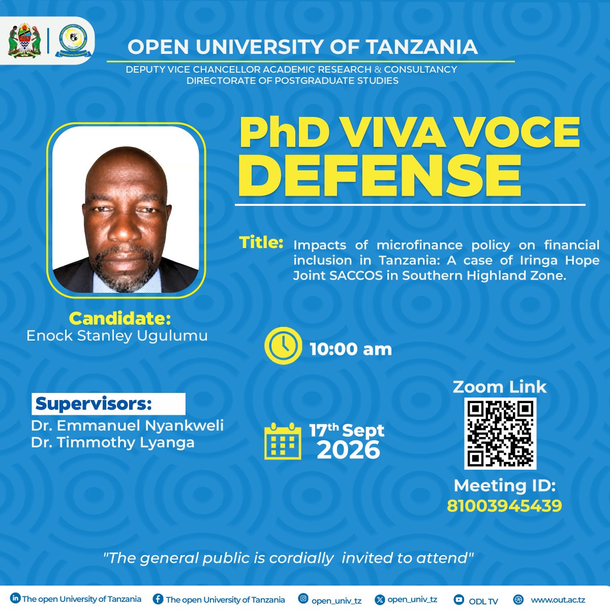 Open_univ_tz's tweet photo. PhD Viva Voce.
ODL Tower, DSM | 17th Sept 2026 | 10:00AM

#affordablequalityeducationforall #elimuborananafuukwawote #ODL
#out #openandonline #studyanywhere https://t.co/gTdOXwHAi3