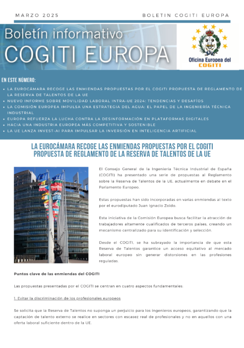 copitiba's tweet photo. 🇪🇺 Publicado el nuevo Boletín #COGITI Europa de marzo.

Destacamos: 
🔹 La Eurocámara incluye las enmiendas del COGITI sobre la Reserva de Talentos UE 
🔹 Estrategia del agua y la ingeniería técnica industrial 
🔹 Lanzamiento de INVEST-AI

👇 Consúltalo: 
https://t.co/dsnBxwp1kW https://t.co/JJAdTn4FCw