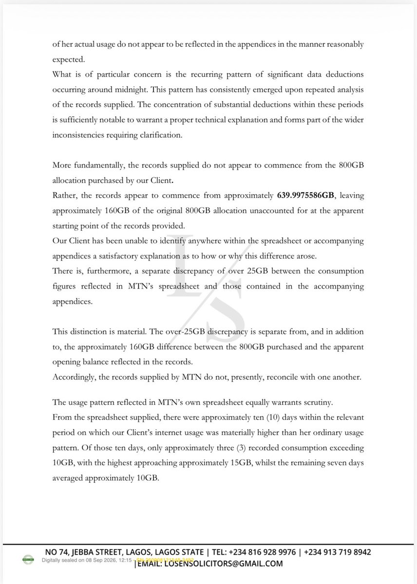 yettydlaw_'s tweet photo. In furtherance of my earlier correspondence, my legal team, @losensolicitors & @KinandCounsel, have also written to MTN Nigeria regarding the material discrepancies identified in the two documents supplied by MTN in response to my complaint.

What makes this particularly interesting is that these are not discrepancies arising from my/our own calculations or assumptions. They are inconsistencies identified within the records MTN itself provided.

Let the data speak. 
Let the records speak. 
And, ultimately, let the facts speak for themselves.