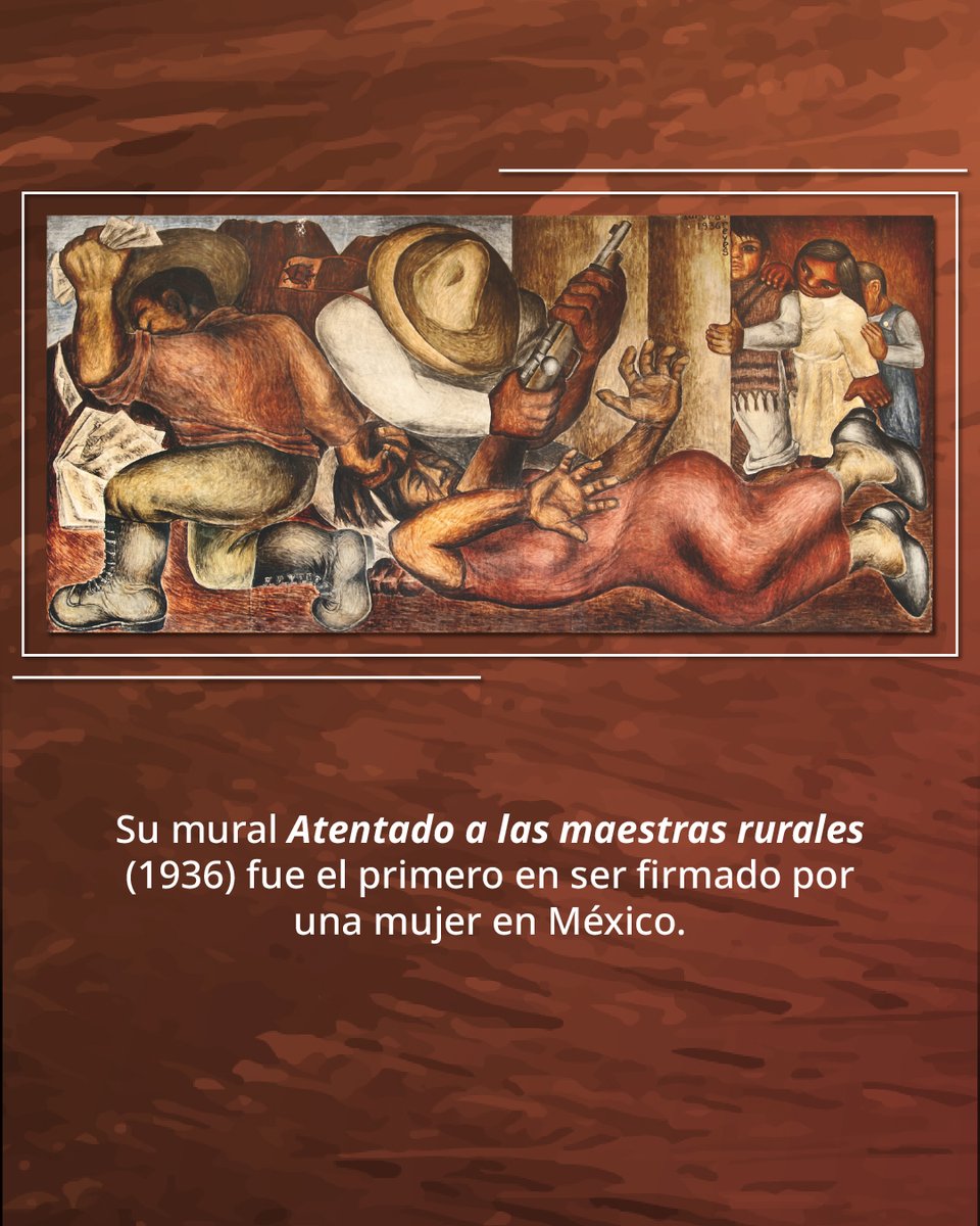 cultura_mx's tweet photo. Una maestra yace en el suelo mientras dos hombres la atacan y tres estudiantes observan la escena. En “Atentado a las maestras rurales” (1936), Aurora Reyes denunció la violencia que enfrentaron las docentes durante el periodo posrevolucionario. https://t.co/mMjOlZNxkk
