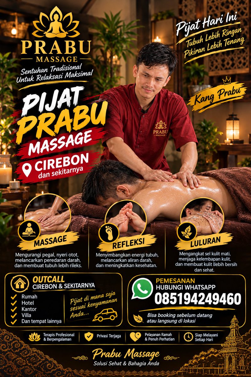 Prabumassagee's tweet photo. PRABU MASSAGE CIREBON 💆‍♂️
Saatnya rileks bersama Prabu Massage! 
✨ Pijat nyaman &amp; profesional
🏠 Bisa panggilan / outcall
📍 Cirebon &amp; sekitarnya
booking sekarang
WA: 0851-9424-9460
 IG: @prabumassage
#pijatcirebon
#pijatcirebonkota
#pijatcirebonhotel
#pijatvisitorcirebon
#pijat https://t.co/xjwjtVYHjx