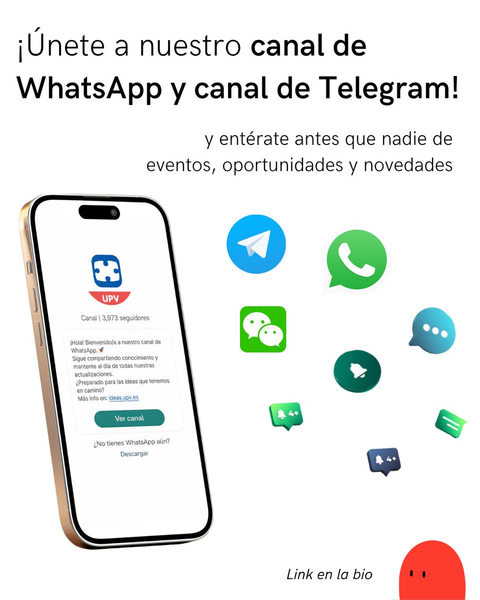 IDEASUPV's tweet photo. 📲Nuevo curso, nuevas oportunidades.

Únete a nuestros canales de WhatsApp y Telegram y entérate de eventos, formaciones, convocatorias y todo lo que se mueve en IDEAS UPV🚀

Que entre clases y entregas no se te escape nada👀

🟢 https://t.co/edrkGi4CH4
🔵 https://t.co/MRMUAvuw9I https://t.co/C8ZbsrlpC8