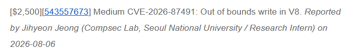 symsool9143's tweet photo. It seems Google is now giving CVE for the V8 Sandbox Bypass vulnerability too :D https://t.co/56INHtAGQq
