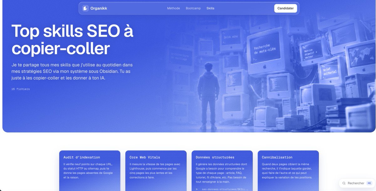Timseo_'s tweet photo. 🎉 je lance une bibliothèque de SKILLS 100% gratuits pour automatiser tes process SEO ↓

Objectif, vous rendre autonomes sans devoir obligatoirement passer par un outil payant.

Pour le moment il y en a 16 complets : 

☑️ Audit d'indexation

☑️ Core Web Vitals

☑️ Données structurées

☑️ Cannibalisation

☑️ Maillage par la Search Console

☑️ Architecture de maillage

☑️ Quick wins

☑️ Recherche de mots-clés

☑️ Matrice objectif × secteur

☑️ Mots-clés résistants à l'IA

☑️ Brief éditorial

☑️ Cluster AEO

☑️ Entités sémantiques

☑️ Peurs et objections

☑️ SEO programmatique

☑️ Product-Led SEO

(lien en commentaire / sauvegarde le post)
----

ps 1 : si ça t'intéresse, dis le moi en com' et je te mp le lien

ps 2 : ceux qui veulent ajouter leurs propres skills sont les bienvenus (j'ajouterai un lien vers leur site / profil LinkedIn)