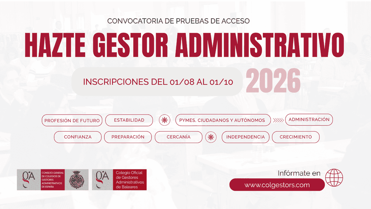 colgestors's tweet photo. ¿Buscas una profesión para especializarte, emprender y crecer?

La convocatoria a las pruebas de acceso a Gestor Administrativo 2026 ya está abierta.
📅 Solicitudes hasta el 1 de octubre.

Te contamos por qué puede ser una gran oportunidad profesional 👇
https://t.co/s5ARjw0bR2 https://t.co/moWaK5tPYO