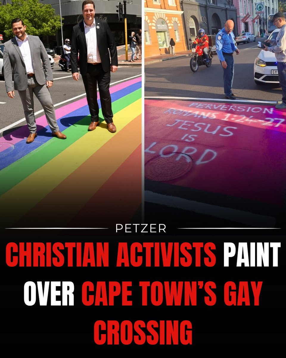 petzernet's tweet photo. 🇿🇦 The Waterfront rainbow crossing in Cape Town was painted over in pink this weekend after Christian activists painted the name of Jesus over the gay-flag crossing.

DA councillor Ian McMahon said the city has since painted the crossing pink because the special coloured paint needed to restore the full rainbow design will reportedly only be available in about three months.

After it was painted pink, someone reportedly went back and painted a reference to Romans 1:24–27 over it. In this passage, sexual immorality and specifically homosexual acts are described as the result of a society rejecting God’s authority.

According to the latest census data, Cape Town is 86% Christian.

According to Dr Adi Schlebusch, head of research at Petzer, this is yet another example in a long series of cases where the DA leadership continues to alienate its largely Christian voter base:

“The DA would probably have more success among voters if the party positioned itself more like the moderate Christian Democrats in Europe, but unfortunately it is increasingly displaying the characteristics of a militant woke movement.”

Follow: @petzernet