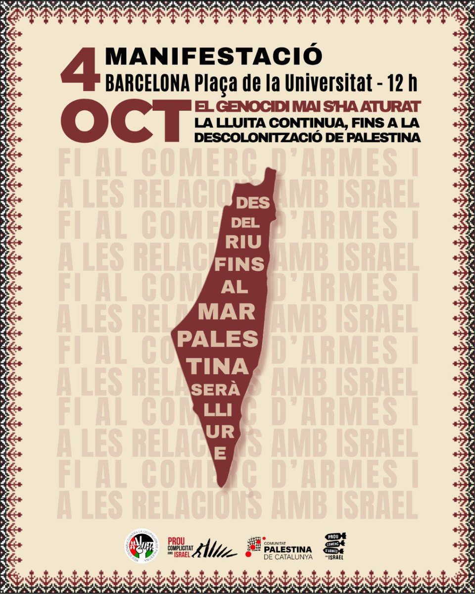 Palestina_cat's tweet photo. 🔴 EL GENOCIDI MAI S'HA ATURAT i la lluita continua fins a la descolonització de PALESTINA 🇵🇸 

7️⃣8️⃣ anys de colonialisme i neteja ètnica

3️⃣anys d'intensificació del genocidi

Continuem exigint:

▶️ Fi al comerç d'armes amb Israel

▶️ Tall de relacions amb l'Estat genocida https://t.co/LonSHJZIqS