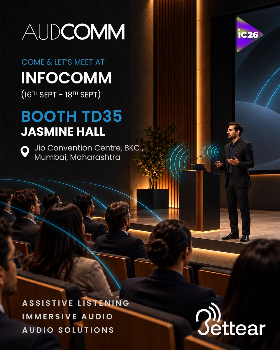 audcomm's tweet photo. 🎧 COME &amp; LET’S MEET AT INFOCOMM!
Experience the future of sound with innovative Assistive Listening, Immersive Audio, and Audio Solutions.
📅 16th Sept – 18th Sept
📍 Booth TD35, Jasmine Hall
Visit: https://t.co/NrolmVPkCG
#audcomm #infocommindia2026 #ImmersiveAudio https://t.co/59NiMvH6BE
