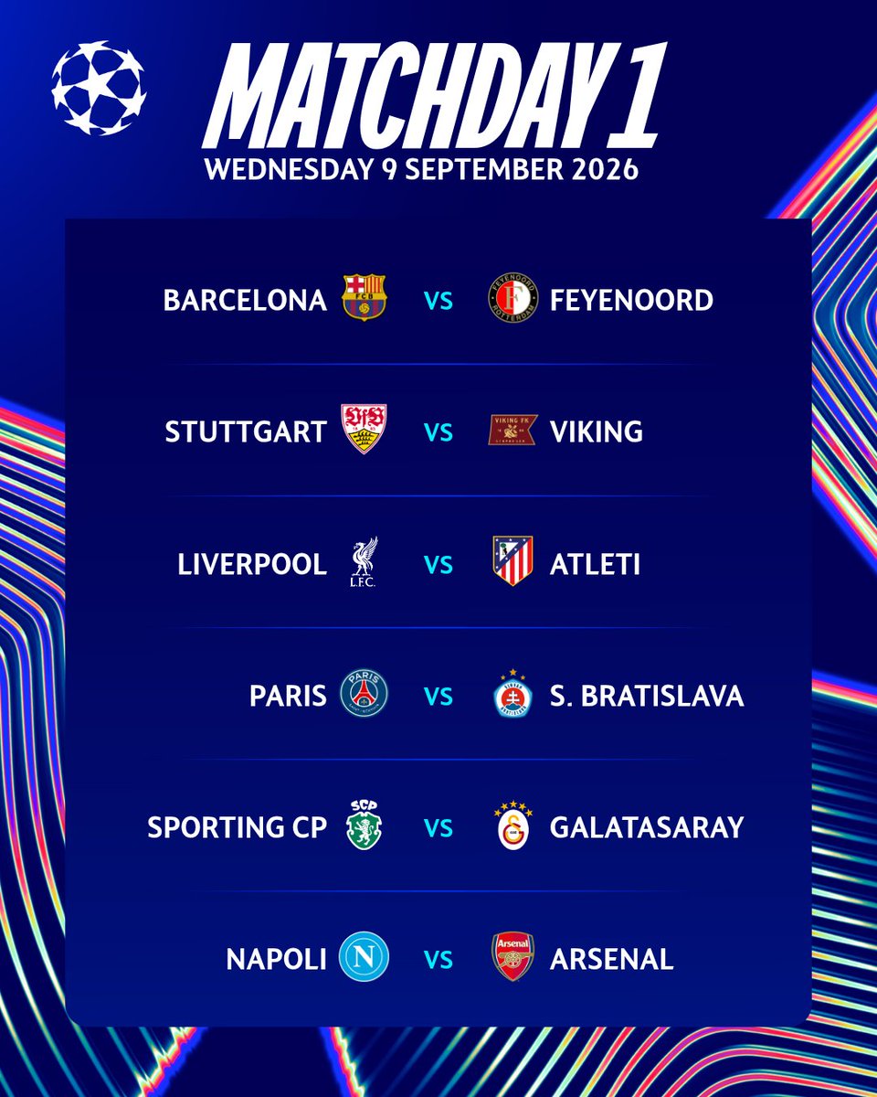 Matchday 1 fixtures 😎
#UCL https://t.co/aSumt7cqiG