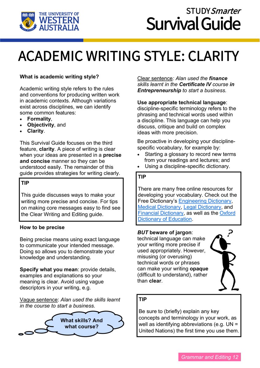 Guide on academic writing clarity, highlighting key features like formality, objectivity, and precision, with practical tips for effective communication.