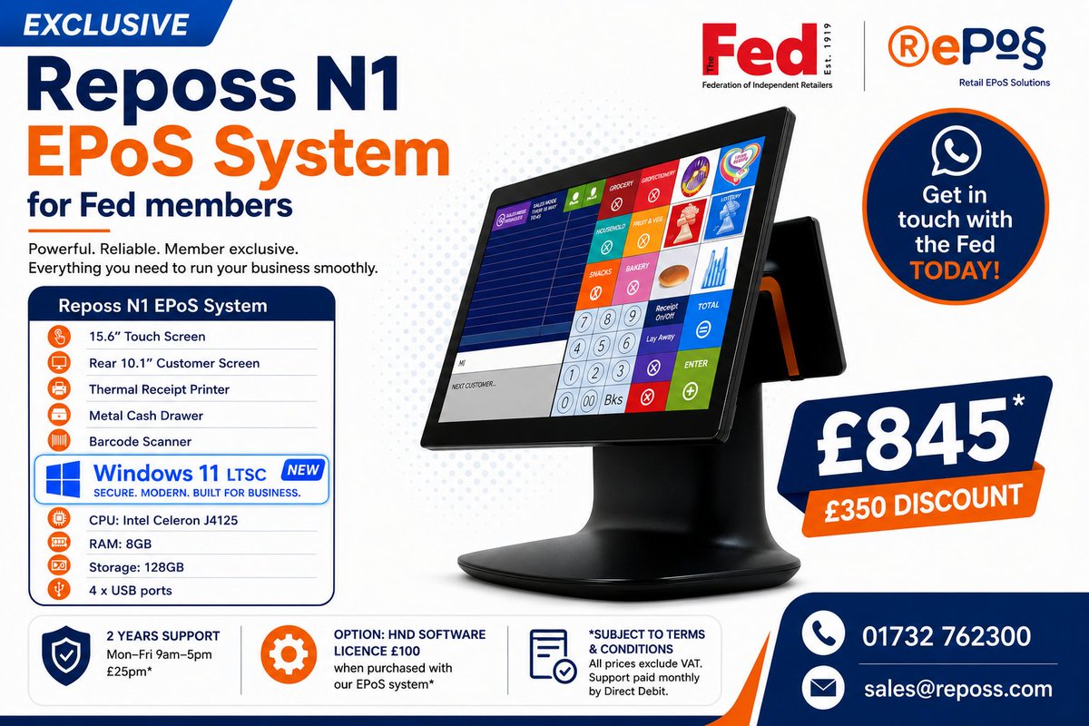 Reposs's tweet photo. 💥 For Fed members only! Save £350 on the Windows 11 Reposs N1 EPoS System – now just £845.   📞0207 017 8880 | contactus@nfrn.org.uk
@TheFed_Online https://t.co/I6AqAzpuzl