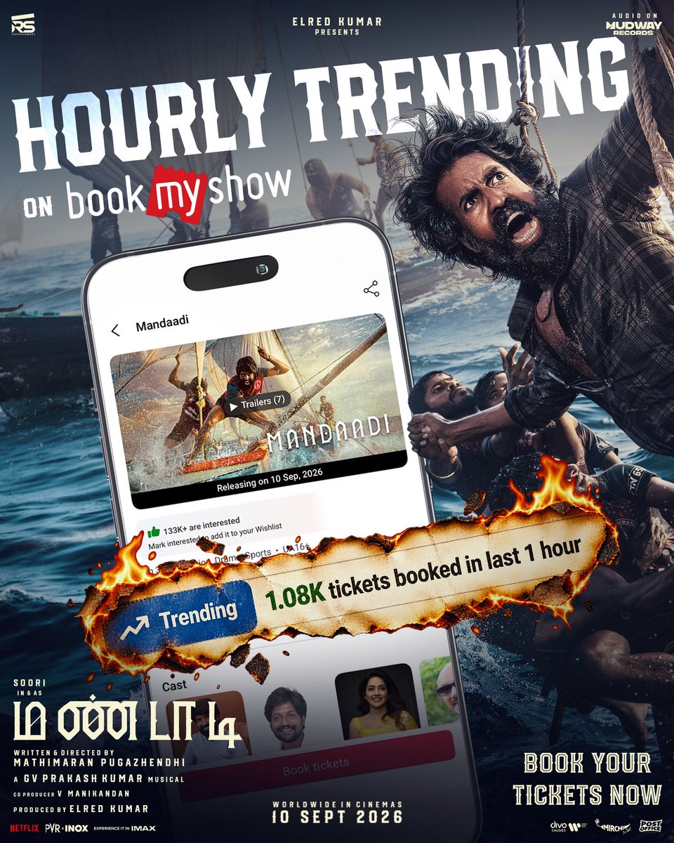 fridayfacts_'s tweet photo. Hourly trending. Tickets flying.
1.08K booked in the last 1 hour.
The Mandaadi's are coming. ⚓🔥
#Mandaadi in cinemas worldwide from Tomorrow 🎬🔥
#mandaadi #soori #suhas #sathyaraj #mahimanambiar #gvprakashkumar #mathimaranpugazhendhi #elredkumar #rsinfotainment https://t.co/7rW3dzLAcM