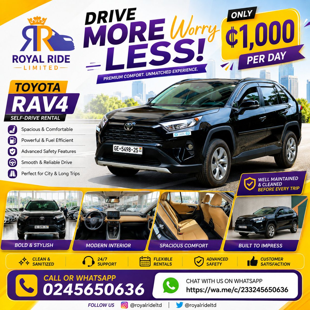 royalrideltd's tweet photo. Upgrade your drive in Ghana with our Toyota RAV4 self-drive rental for only GHS 1,000 per day! Experience style, comfort, and reliability.
Book now:
📞 0245650636
💬 https://t.co/niibzvYcCv
#CarRental
#ToyotaRAV4
#ghana https://t.co/7kpk1fY5UV