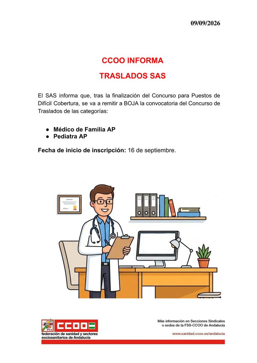 fssccooand's tweet photo. 📌 CCOO Informa - Traslados SAS

📑 Prevista convocatoria de concurso para diferentes categorías

🗓 Inicio de inscripciones: 16 de septiembre

#CCOOTuSolución #Sanidad #Andalucía https://t.co/yHWTqWXOA7