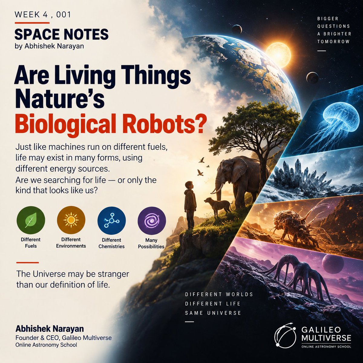 avinarayan's tweet photo. WEEK 4 — 001, SPACE NOTES by Abhishek Narayan 

Are Living Things Nature’s Biological Robots?

What if life is not limited to the biological “design” we know on Earth?

Think of a robot.

A robot needs an engine, an energy source, sensors and a system to process information.

Living organisms have remarkably similar elements—metabolism for energy, senses for detecting the environment, and a nervous system or other biological mechanisms for processing information.

Perhaps we can think of living beings as Nature’s biological robots—each designed to operate on a particular kind of “fuel” and within particular environmental conditions.

A battery-powered machine cannot simply run on diesel.

But that doesn't mean all machines must run on diesel.

We can build engines that operate on electricity, hydrogen, solar energy, nuclear energy—or something we haven't invented yet.

So perhaps our search for extraterrestrial life has a philosophical limitation:

Are we searching for life—or only searching for life that resembles us?

If life elsewhere uses a completely different chemistry, energy source, sensory system or biological architecture, we may not even recognize it as life.

And there is an even deeper possibility:

Maybe the Universe contains forms of life that our present senses and instruments simply aren't capable of detecting.

We have spent centuries expanding our understanding of what exists.

Perhaps the next revolution in astronomy will not be discovering where life is—

but discovering what life can actually be.

The Universe may be stranger than our definition of life.

— Abhishek Narayan
Founder & CEO, Galileo Multiverse
Online Astronomy School

#SpaceNotes #AbhishekNarayan #GalileoMultiverse #Astrobiology #ExtraterrestrialLife #LifeInTheUniverse #SpaceExploration #Astrobiology #PhilosophyOfScience