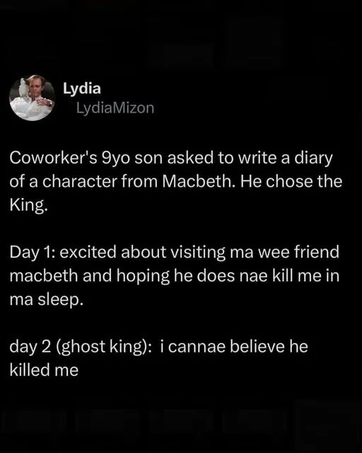 ianduhig's tweet photo. 9yo boy gets the essence of the Scottish Play https://t.co/au8SHFuO2Z
