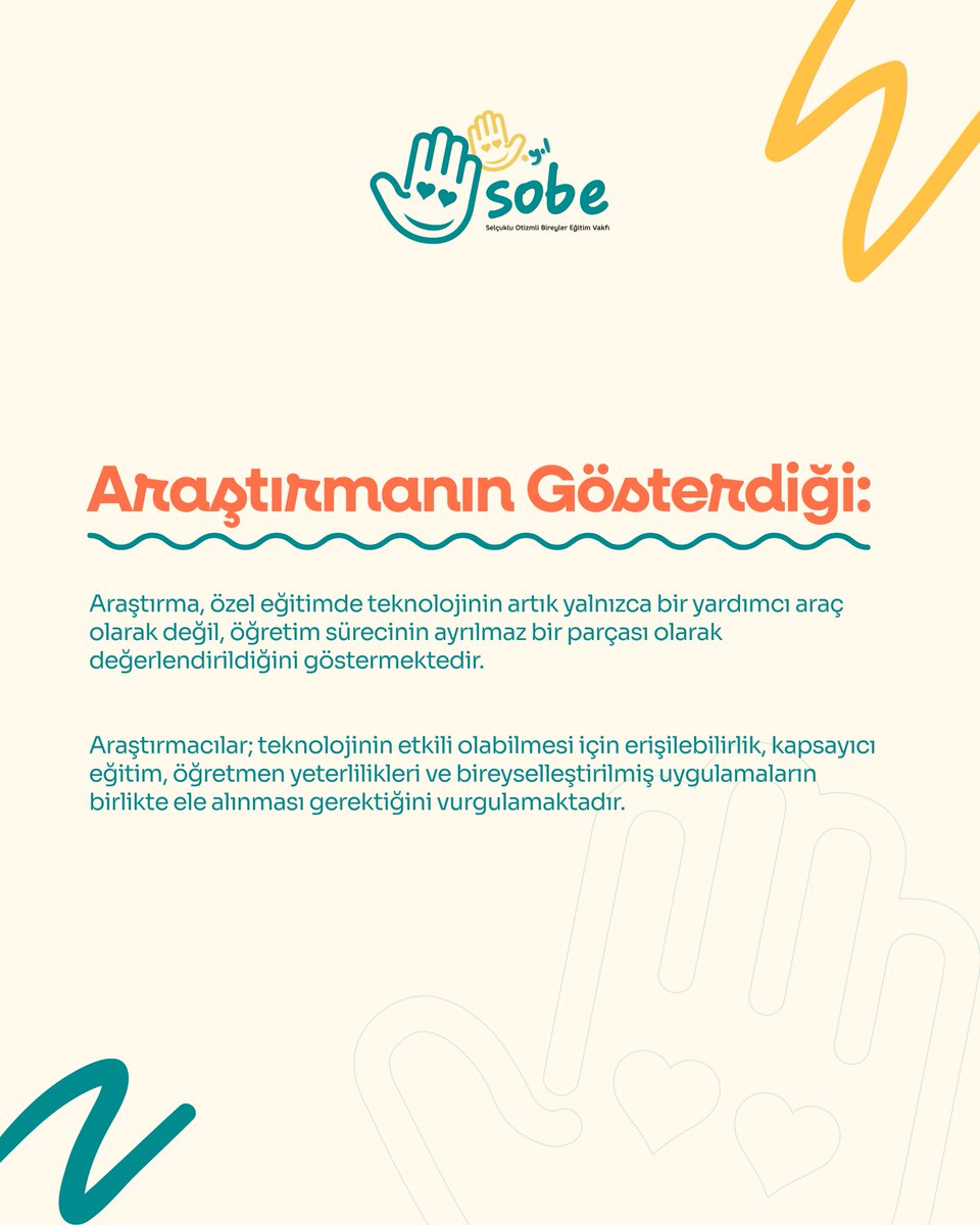 sobeotizm's tweet photo. Vakfımızda yürütülen bilimsel çalışmaların akademik literatüre kazandırılmasını önemsiyor; sahadaki deneyimimizi bilimsel araştırmalarla desteklemeye devam ediyoruz. 📚 

Eğitim Direktörümüz Dr. Alperen Sağdıç’ın yazarları arasında yer aldığı “A Longitudinal Exploration of Assistive Technologies and Educational Technologies in Special Education: Reflections from a Half Century” başlıklı araştırma, Mehmet Akif Ersoy Üniversitesi Eğitim Fakültesi Dergisi’nde yayımlandı.

1965–2025 yılları arasında özel eğitimde yardımcı ve eğitsel teknolojiler üzerine yayımlanan araştırmaları inceleyen çalışma, altmış yıllık süreçte alandaki bilimsel eğilimlerin değişimine ışık tutuyor.

SOBE Vakfı olarak uygulamadan beslenen, bilimsel üretimi teşvik eden ve ürettiği bilgiyle özel eğitim alanına katkı sunan bir kurum olma vizyonuyla çalışmalarımızı sürdürüyoruz. 💛

Makaleye ulaşmak için aşağıdaki bağlantı üzerinden web sitemizi ziyaret edebilirsiniz.
https://t.co/JTst3h1DZz

| #otizm #sobeotizm