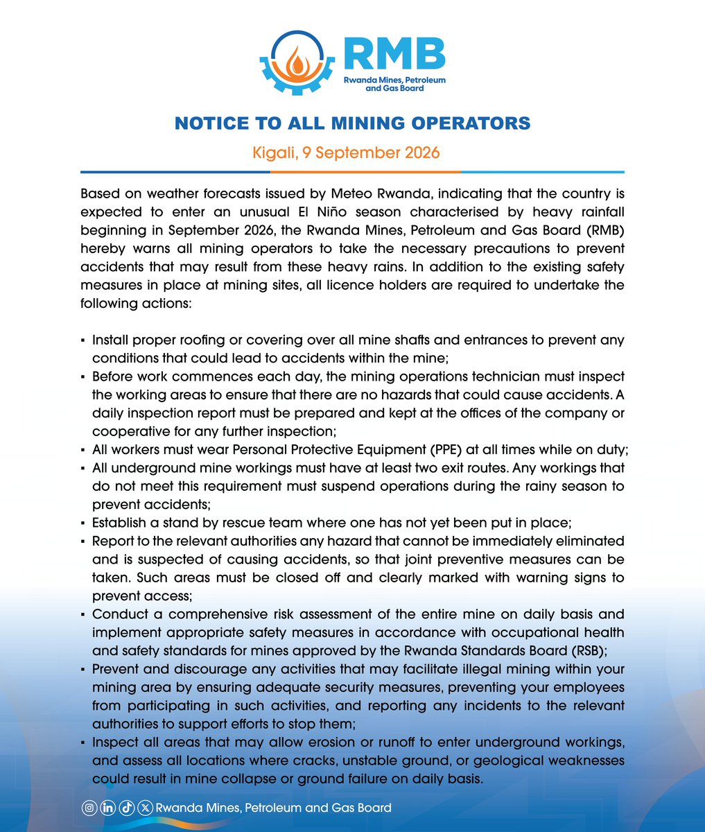 RwandaMinesB's tweet photo. Public Notice: Precautions for Mining Operators to Prevent Accidents During the Rainy Season https://t.co/RSs21j2Z4D
