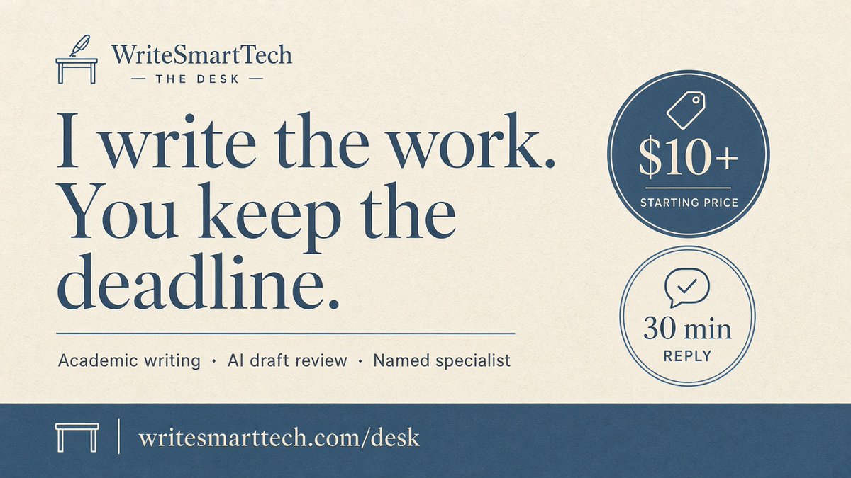 writesmarttech's tweet photo. Students and founders keep the deadline.
I keep the writing, the AI cleanup, and the source check.

Named specialist. First reply in ~30 min.
Briefs from $10 → https://t.co/KBaePckcMF

#WriteSmartTech #AcademicWriting #AIEditing https://t.co/5a9is6VwJk