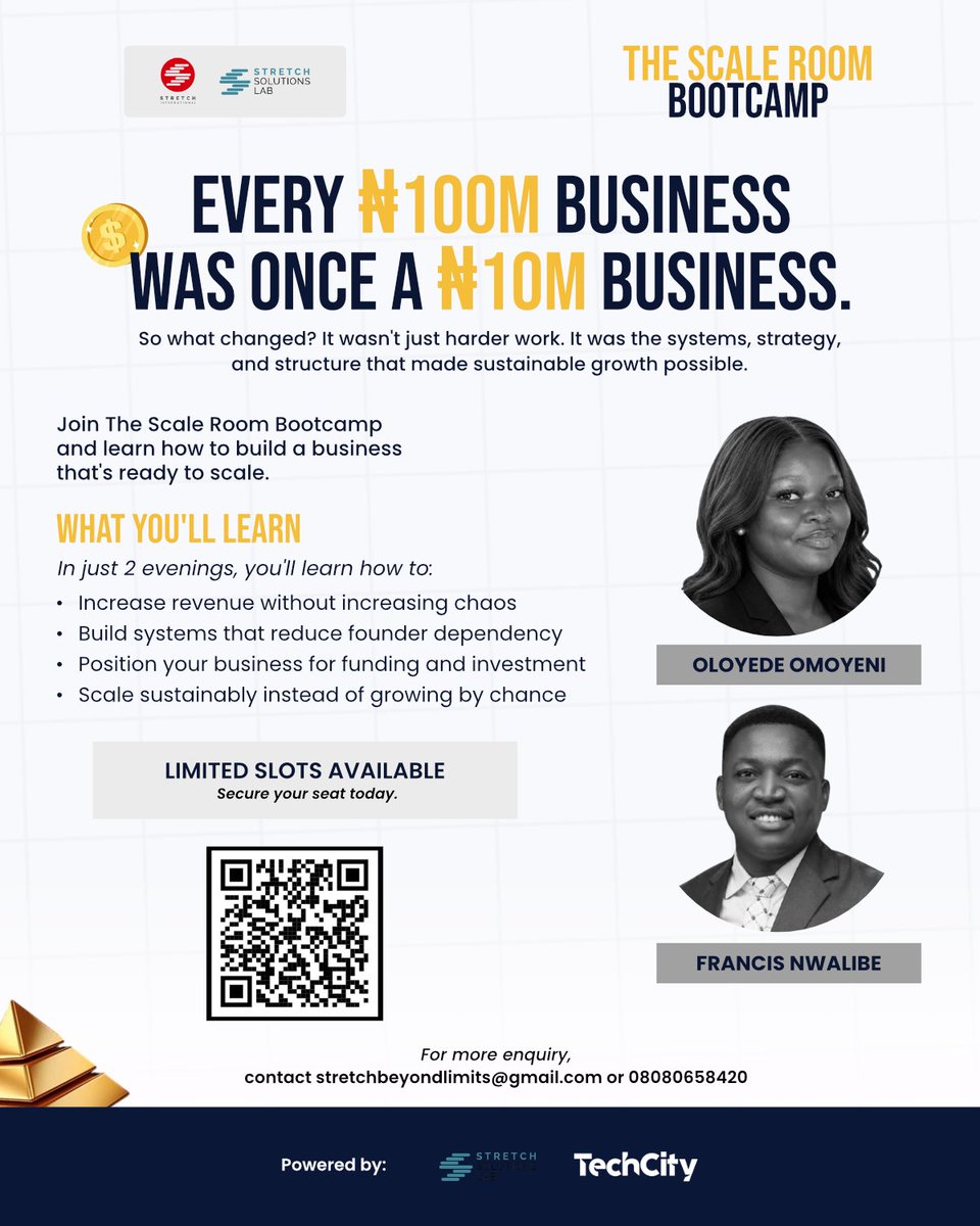 stretch_int's tweet photo. Growth is good. Sustainable growth is better. 

If you're ready to build a business that can actually scale, The Scale Room Bootcamp is calling.

Register via https://t.co/RZMJVES6tE  to secure your spot today.

#BusinessStrategy #SustainableGrowth #AfricanBusiness #SMEs https://t.co/W04eW9O0dp