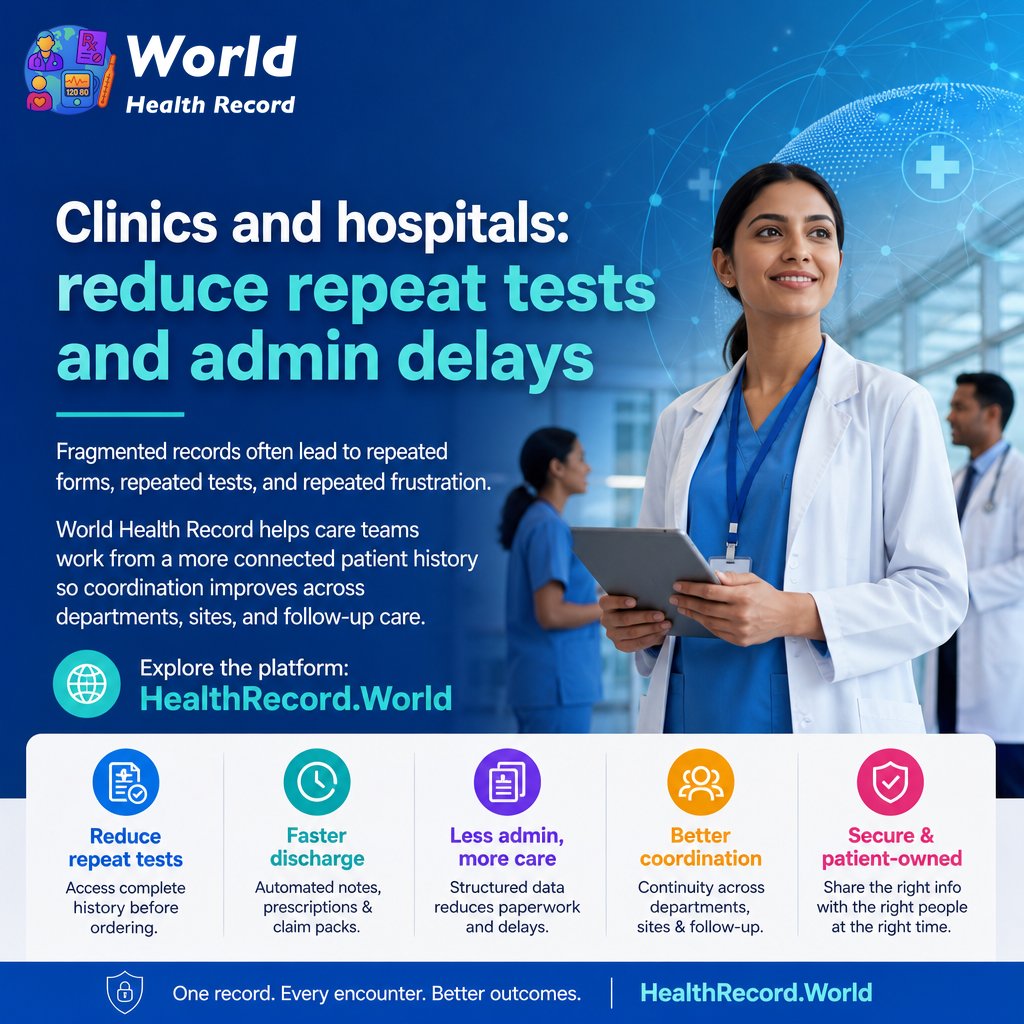 WldHealthRecord's tweet photo. Clinics and hospitals: reduce repeat tests and admin delays

Fragmented records often lead to repeated forms, repeated tests, and repeated frustration. World Health Record helps care teams work from a more connected patient history so coordination improves across departments, sites, and follow-up care. Explore the platform: https://t.co/TdewFvUNYP