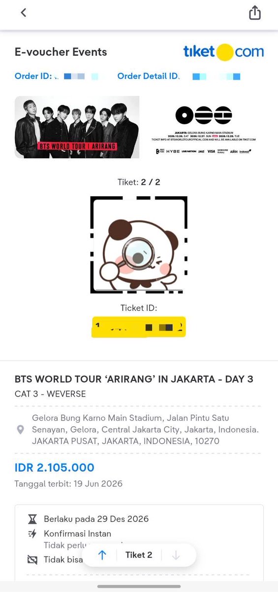 heavenscloud46's tweet photo. WTS TIKET BTS WORLD TOUR ARIRANG JAKARTA DAY 3, CAT 3, 2 TIKET. Dibantu sampai tuker WB, minat DM. https://t.co/TX3lbjdDgR