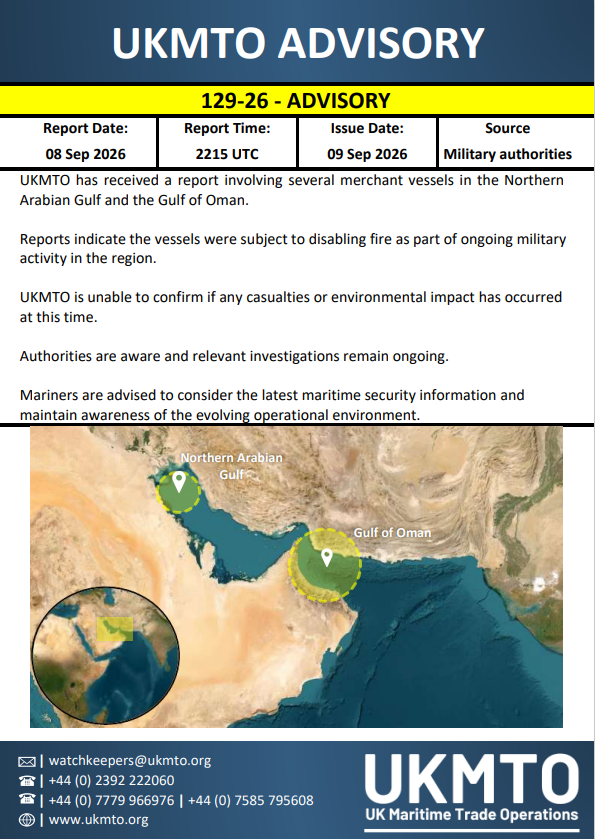 UK_MTO's tweet photo. UKMTO ADVISORY 129-26

Click here to view UKMTO Products⤵️
https://t.co/yMGCA9Y5ov

#MaritimeSecurity #MarSec https://t.co/BKKxoDglYp