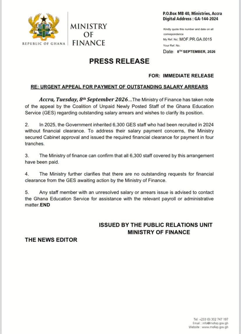 utvghana's tweet photo. The Ministry of Finance has clarified that all 6,300 Ghana Education Service staff recruited in 2024 without financial clearance have been paid their outstanding salaries and arrears.

#UTVGhana https://t.co/NiexNNCbRa
