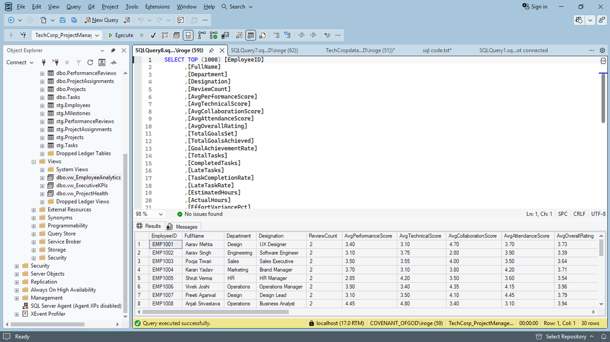 COVENANT_OFGOD's tweet photo. 💻💹 Took my SQL Server project from trusted production data to business insights.
The goal isn't just to query data.
It's to make data useful for decisions.
#SQL #SQLServer #DataAnalytics #BusinessIntelligence #TSQL #DataEngineering #BusinessAnalysis #KPI https://t.co/EXWzaZRjG3