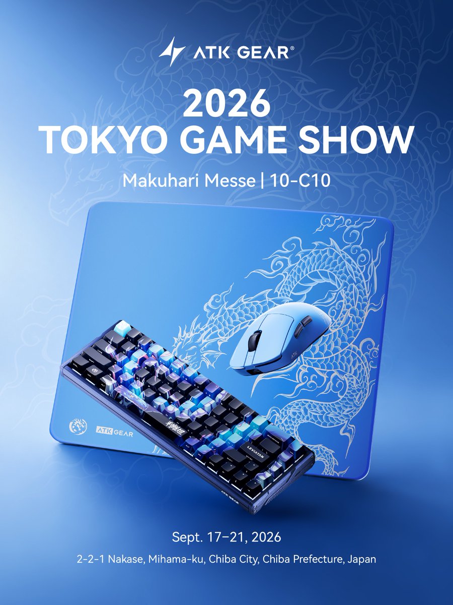 ATKGearJP's tweet photo. 📢 #TGS2026 限定！ 
ATK GEAR ブースで写真付き投稿してくれた先着 100 名様に素敵なノベルティをプレゼント🎁 
最新の磁気軸キーボード＆超軽量マウスも体験できますよ 
📅9/19 (土)～21 (月)  
📍幕張メッセ ホール 10 / 10-C10  
お早めに！  
#ATKGEAR #東京ゲームショウ2026 #ノベルティ https://t.co/iKMaZKbXBe