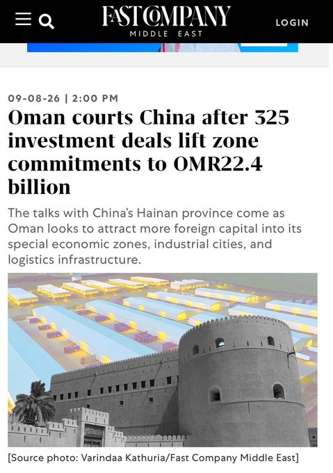 bnShadhanh's tweet photo. 💢🚨🇴🇲🇨🇳السلطنة تستهدف جذب مزيد من الاستثمارات الص��نية إلى مناطقها الاقتصادية والحرة، مع التركيز على الصناعة والتقنية واللوجست��ات.

📈 يأتي ذلك بعدما سجلت "أوباز"خلال:

🔹325 اتفاقية استثمارية جديدة
🔹1.4 مليار ر.ع استثمارات مضافة
🔹22.4 مليار ر.ع إجمالي الاستثمارات الملتزم بها https://t.co/22YSEi2rda