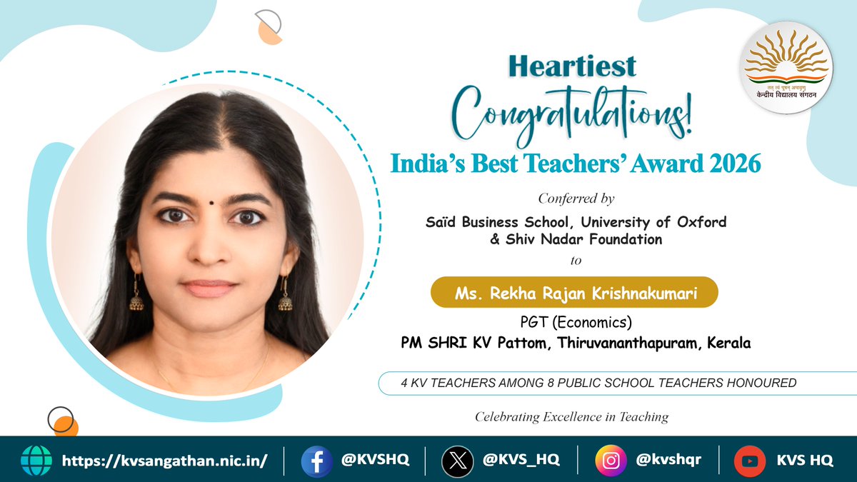 KVS_HQ's tweet photo. India’s Best Teachers’ Award!
Congratulations to four #KV teachers for winning the India’s Best Teachers’ Awards 2026, conferred by Shiv Nadar Foundation–Oxford Saïd.

A proud moment for #KVS!

#ProudKVians https://t.co/eqUz9VwJPV