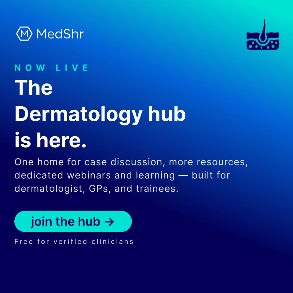medshronline's tweet photo. #Dermatology on #MedShr is getting a new home.
Two dedicated hubs — one for clinicians, one for students. Stronger case discussion, more resources, webinars &amp; learning in one place.
Already in a Dermatology group? You'll be moved automatically.
Join the discussion 👇

#MedTwitter https://t.co/JzzXRUpeml