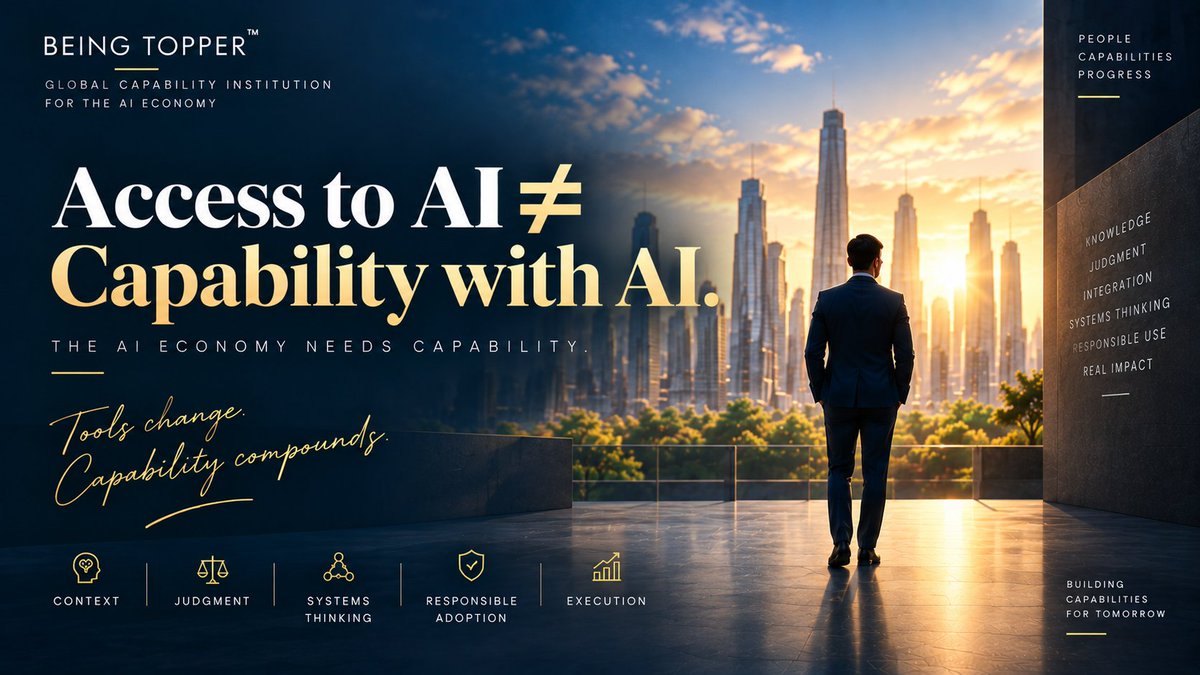 Being_Topper's tweet photo. AI access is becoming easier.

But:

Access to AI ≠ Capability with AI.

Capability means being able to understand context, exercise judgment, think in systems, integrate AI into real work, adopt it responsibly and execute effectively.

Tools change.

Capability compounds. https://t.co/Ph8KdHEXvD