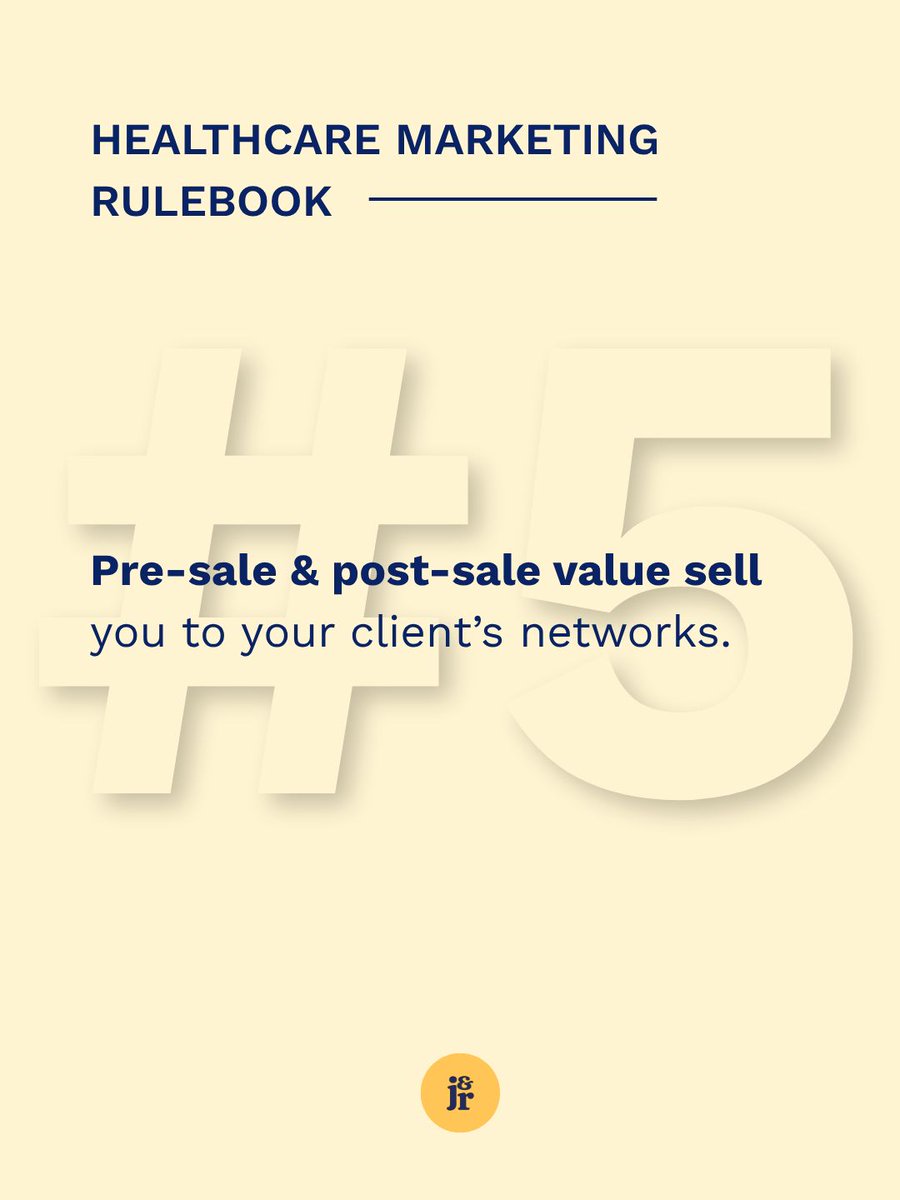 JnR_Collective's tweet photo. The Healthcare Marketing Rulebook. 

Rule #5 | Your pre&amp;post sales value is your unpaid marketer

Ask yourself about the pain surrounding your client's problem and how you can come in. 

Always remember that additional value attracts higher thresholds for sales. https://t.co/xGz2TFAaWL