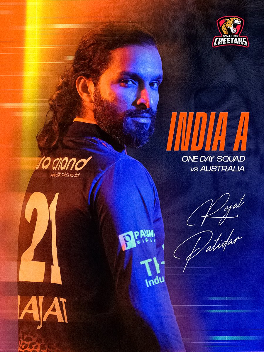 GwaliorCheetahs's tweet photo. Congratulations to our skipper Rajat Patidar on his India A One-Day squad selection for the 3 match series vs Australia! 🇮🇳💙
Proud moment, Captain! 🐆🔥
#GwaliorCheetahs #RaftaarKaVaar #RAPA #RajatPatidar https://t.co/H7DJA59bhQ
