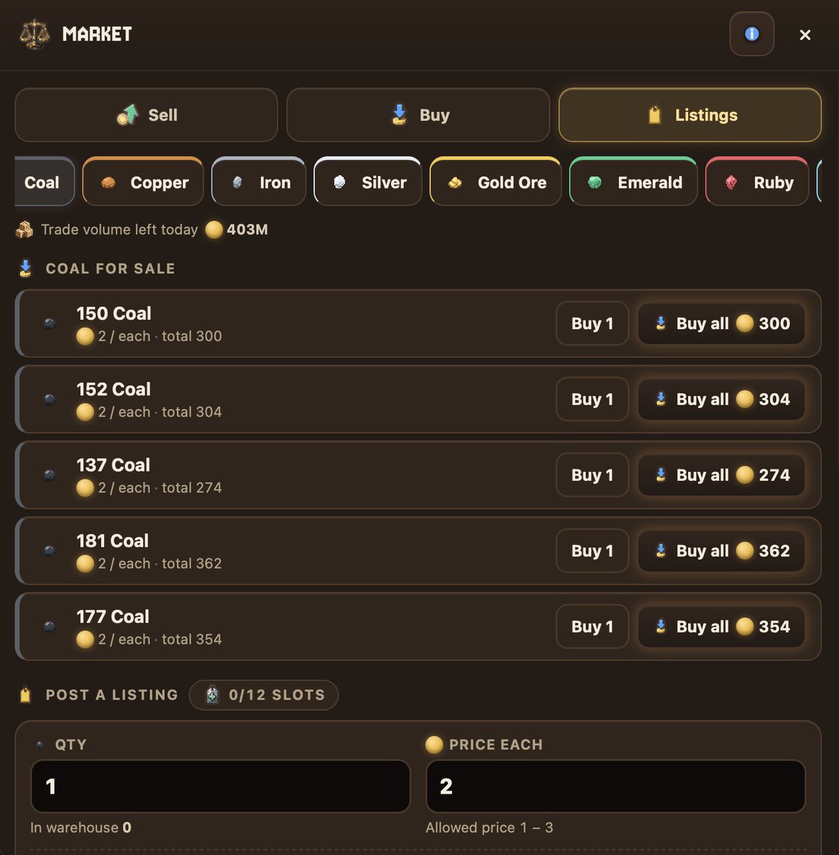 PlayMinerBoss's tweet photo. Mining simulator detail:

Ore doesn't have to go straight to an NPC stall.

Miner Boss also has a player market.

Mine ore.
Choose where to sell it.

NPC stall or player market?

Which one are you checking first? https://t.co/T0GZrda7IM