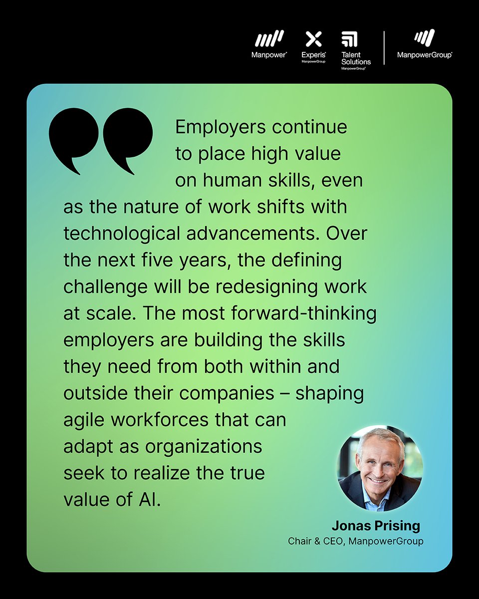 ManpowerSoCal's tweet photo. Read ManpowerGroup Chair &amp; CEO Jonas Prising's perspective on the latest ManpowerGroup Employment Outlook Survey and explore key findings on global hiring trends, changing skill needs, and workforce transformation in the full press release. https://t.co/NCrhCW6SZr https://t.co/SWwpPNvZI1