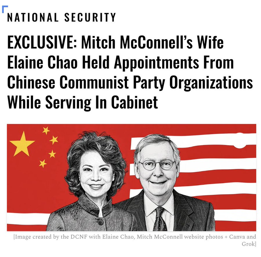 TonySeruga's tweet photo. When will America wake up? 

Chinese Communist Party officials appointed Sen. Mitch McConnell’s wife to multiple government positions, many of which partially overlapped with her two U.S. Cabinet posts, according to Chinese government and state media reports unearthed by the Daily Caller.

The enemy is already within the wire!

https://t.co/I3KFCp0y8T