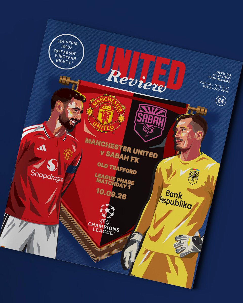 ManUtd's tweet photo. ⭐️ United Review: #UCL edition ⭐️

A majestic front cover for tomorrow's matchday programme 💙

🤝 @DaveFlanagan