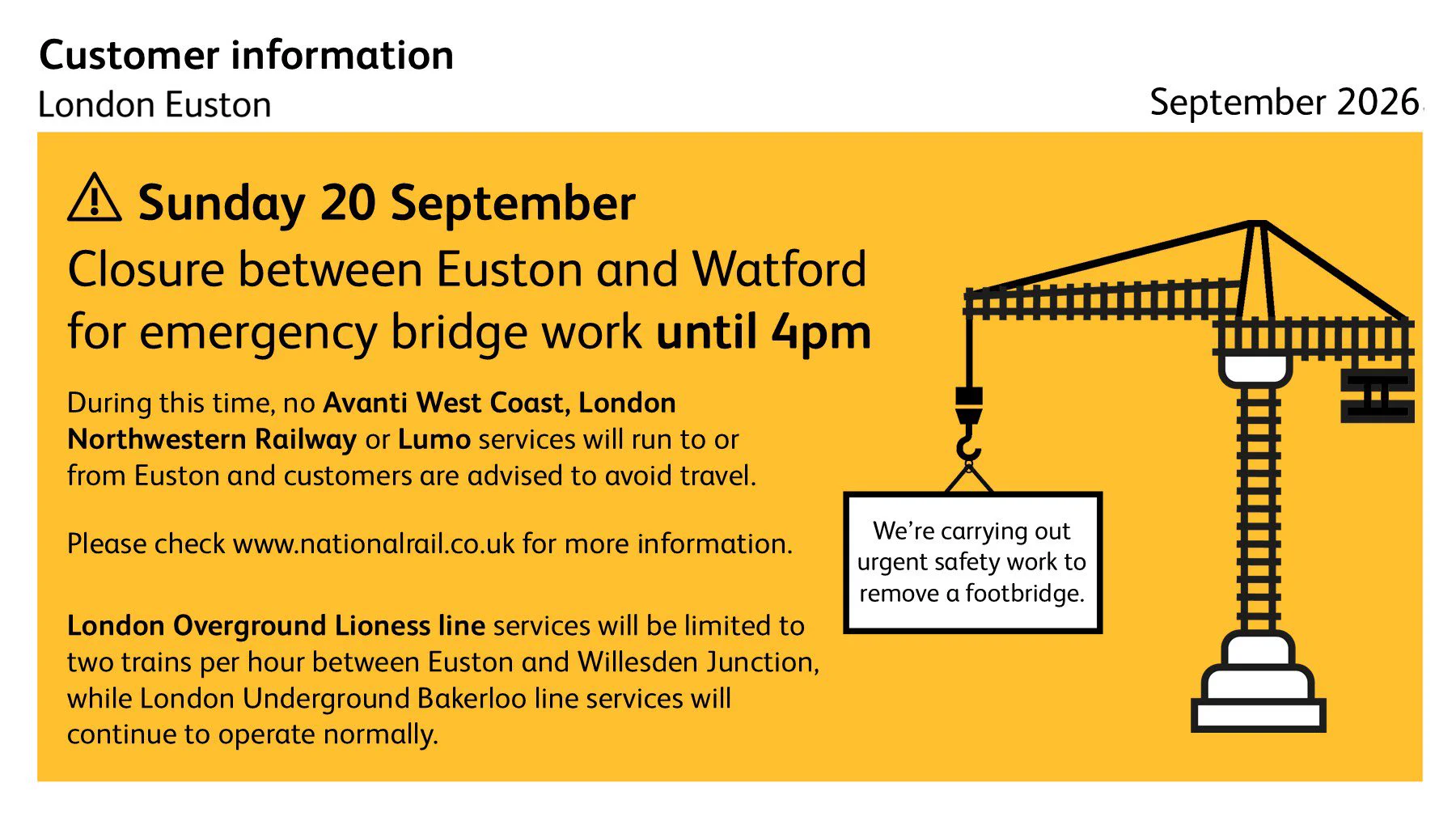 Customer information poster for London Euston, dated September 2026, with a yellow background highlighting a major rail disruption. The poster advises that on Sunday 20 September, the railway between London Euston and Watford will be closed until 4pm for emergency bridge work. During the closure, Avanti West Coast, London Northwestern Railway and Lumo services will not operate to or from Euston, and customers are advised to avoid travel and check National Rail for updates. A note explains that urgent safety work is being carried out to remove a footbridge. The poster also states that London Overground Lioness line services will operate at a reduced frequency of two trains per hour between Euston and Willesden Junction, while London Underground Bakerloo line services will continue to operate normally. An illustration shows a large construction crane lifting a sign describing the urgent safety work.