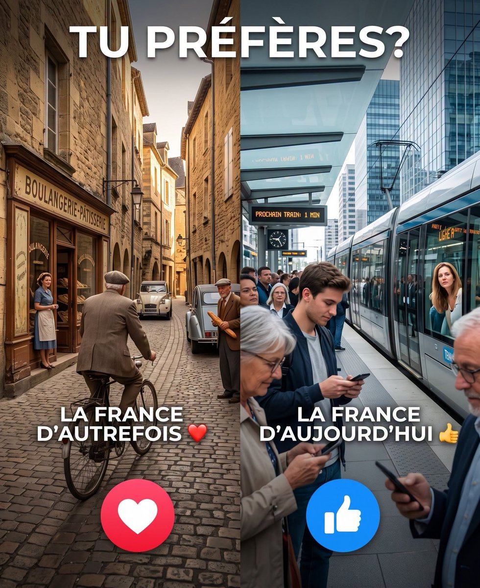AntoineMor80's tweet photo. La société française a profondément changé en quelques décennies : modes de vie, place des femmes, structure des familles, vieillissement de la population et rapport au travail ont évolué.
 👉Alors, si vous deviez choisir : 
❤️‍🔥LA FRANCE D'AUTREFOIS
👍LA FRANCE D'AUJOURD'HUI https://t.co/e5JcfWxXhF
