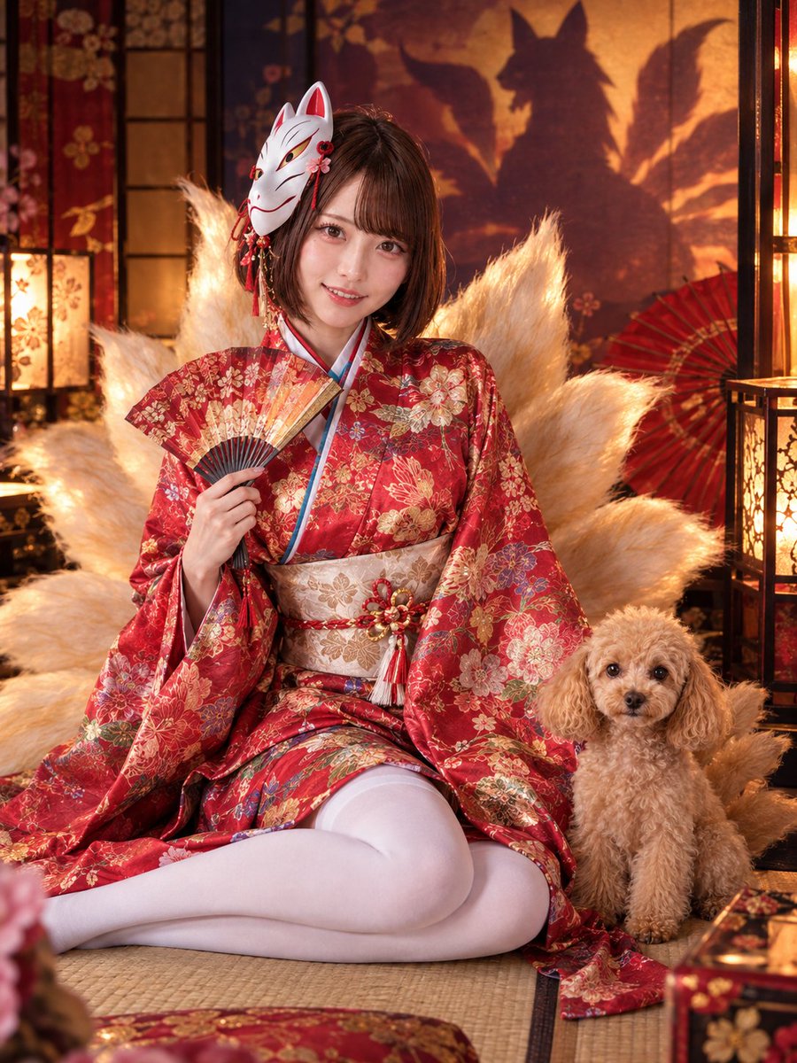 mamichan_jpn's tweet photo. おはよう☀️今日は有名な妖怪のコスだよ🦊
ヒントはうしろに映ってる影✨金色の尻尾がたくさん、狐面と赤い着物がポイント😌何の妖怪かわかるかな？
きなこもなぜか尻尾が3本に増えてるんだけど😳🐶
見習い妖狐、修行中だね🍥わかった人はリプ欄で🐾
#Kitsune #JapaneseYokai #Cosplay #MaidDog https://t.co/vjaKKmOLiX