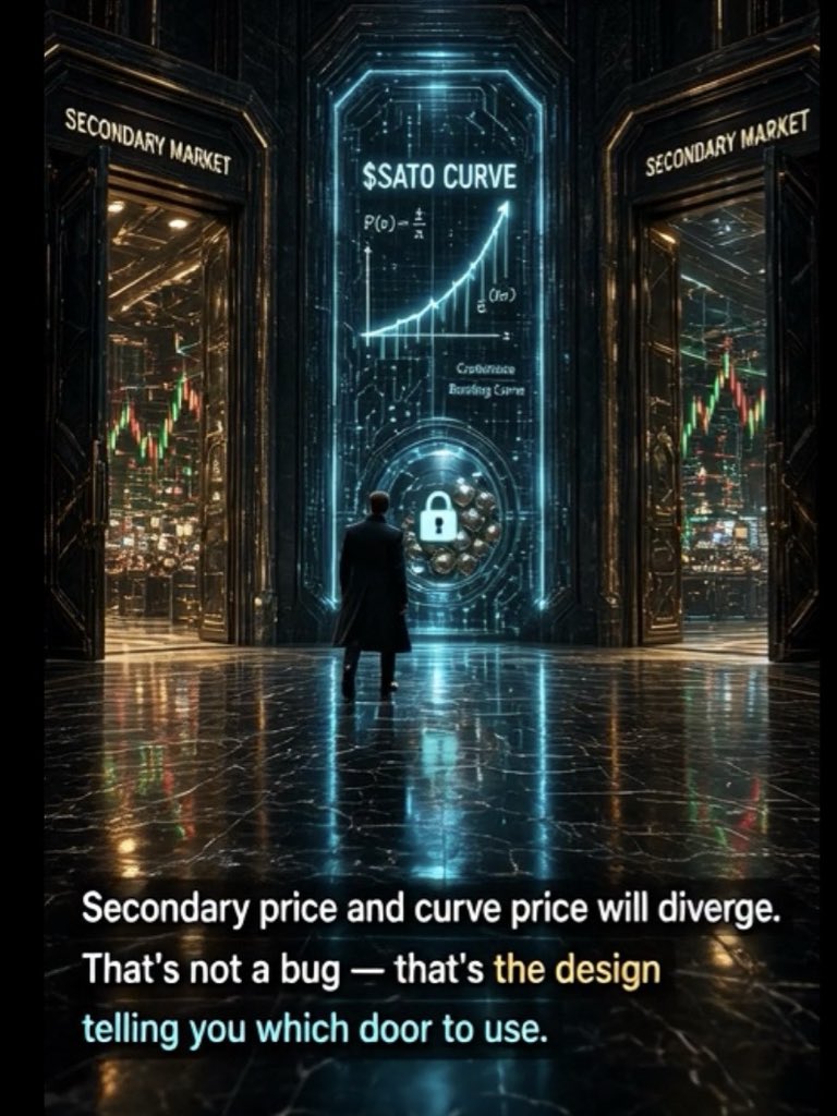 parasituo's tweet photo. Daily Dose of $Sato 

Day 29 

Secondary price and curve price will diverge. That’s not a bug — that’s the design telling you which door to use. https://t.co/bydK3iRIdb