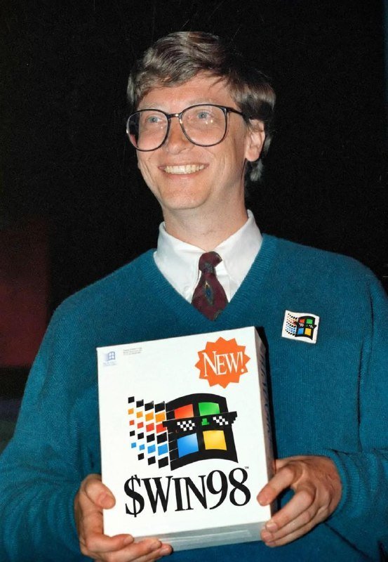 WIN98CTO's tweet photo. This photo was in Summer 1998: 

Five weeks earlier, the DOJ and 20 States had sued him over what's inside that box. 

Young @BillGates shipped it anyways, a milestone evolving to what we know as native "Windows" decades later. 

$WIN98 is the foundation to everything. https://t.co/ubSh3etrvy